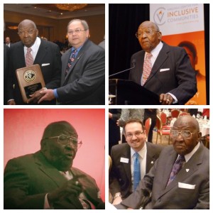 Clockwise from top left: Dr. James receiving the Jeffrey B. Spence Award for Interfaith Understanding with past VCIC President & CEO Jeff Spence; Dr. James speaking at the 2009 Richmond Humanitarian Awards Dinner; Dr. James and VCIC President & CEO Jonathan Zur at the 2013 Richmond Humanitarian Awards Dinner; Dr. James speaking at a VCIC program in 2013
